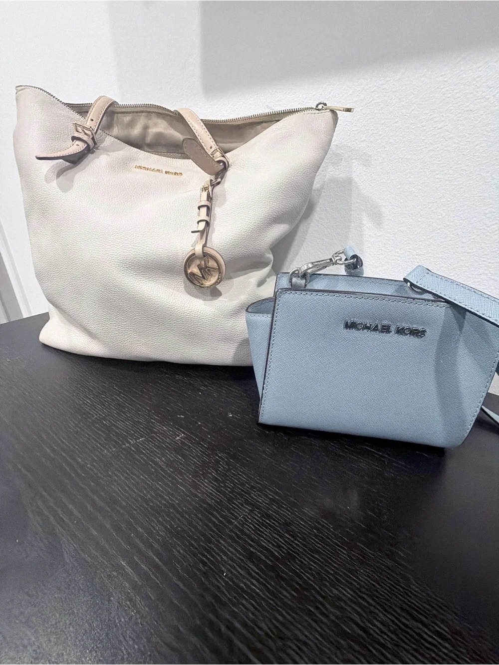 Michael Kors Cream Pebbled Tote with Light Blue Crossbody Set